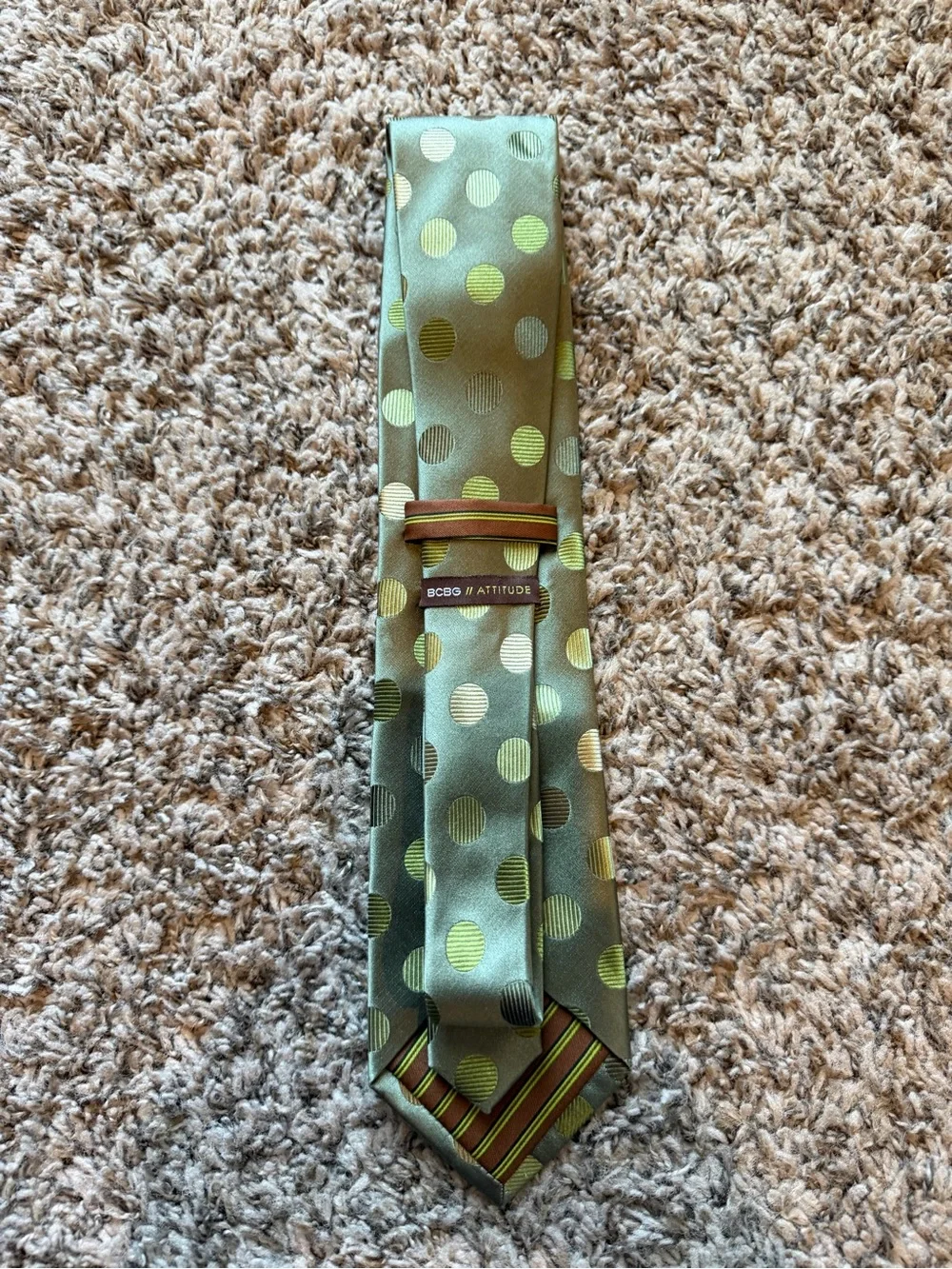 BCBG Attitude Olive Green Polka Dot 100% Silk Necktie